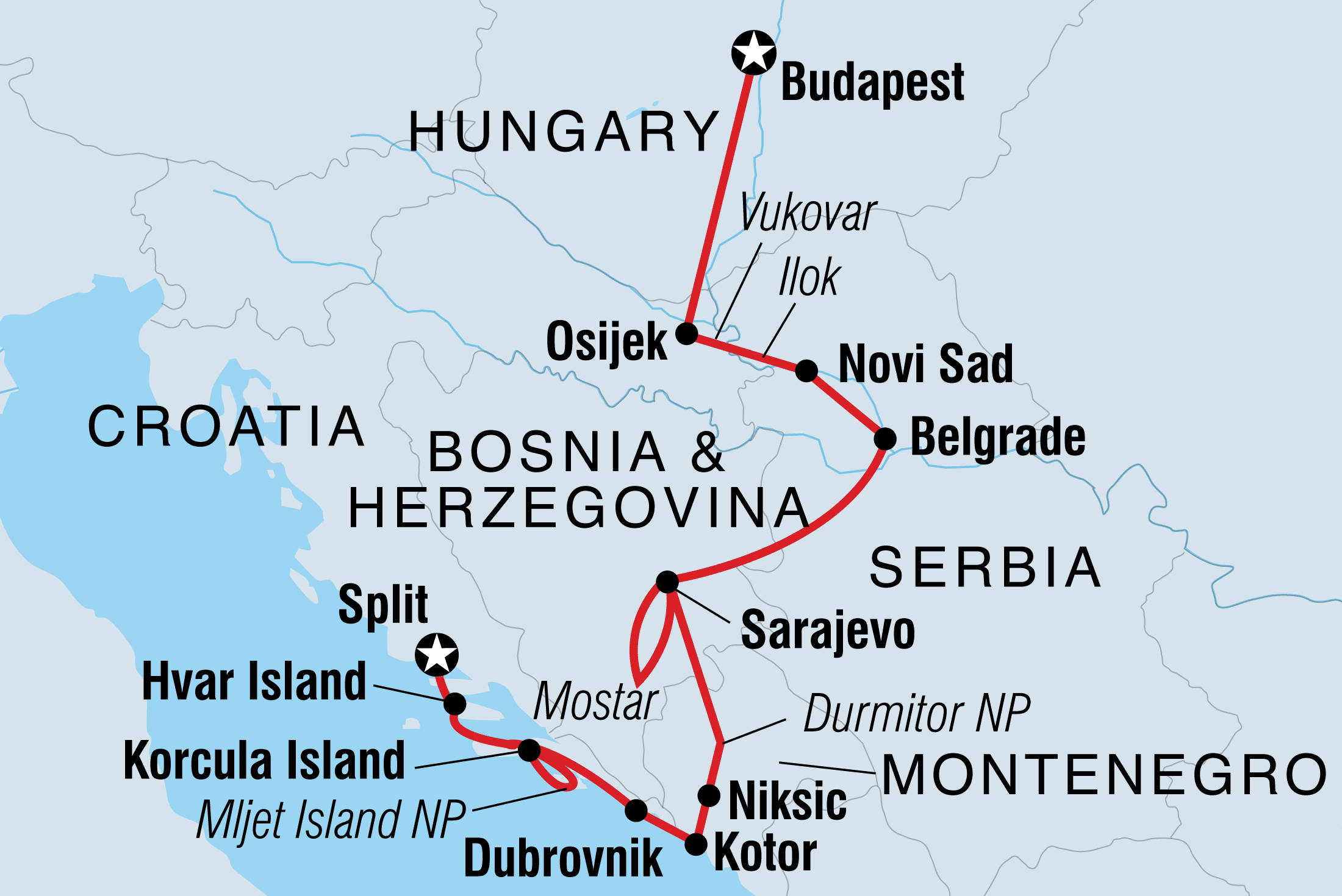 Map of Balkan & Dalmatia Discovery including Bosnia And Herzegovina, Croatia, Hungary, Montenegro and Serbia