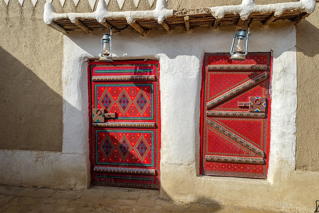 Bright coloured doors of traditional architecture in the Al Qassim Province, Saudi Arabia