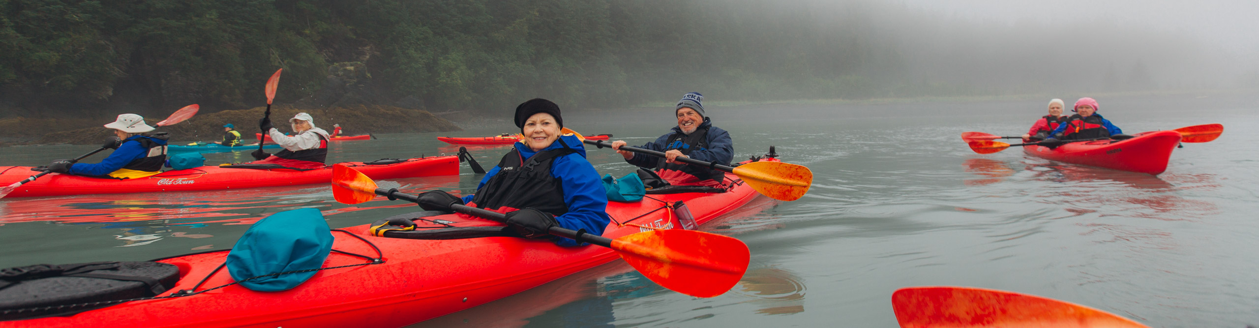 Group kayaking on a misty day in Alaska, USA