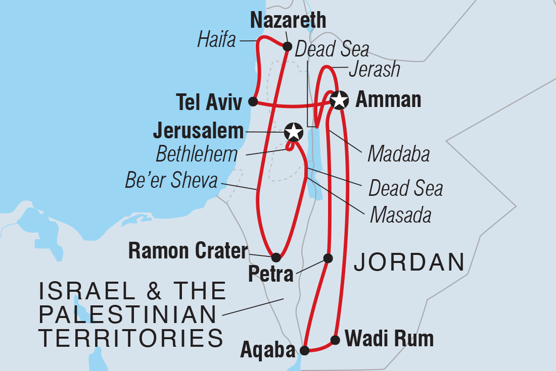 Map of Classic Jordan, Israel And The Palestinian Territories including Israel and Jordan