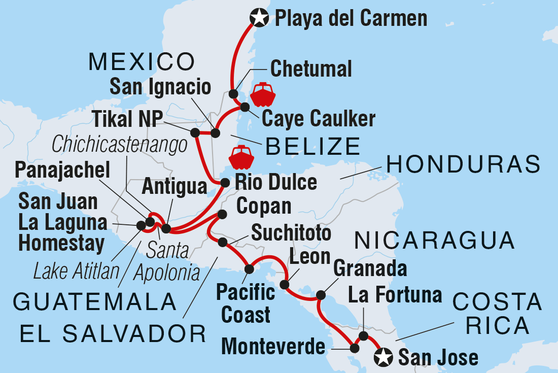 Map of Central American Adventure including Belize, Costa Rica, El Salvador, Guatemala, Honduras, Mexico and Nicaragua