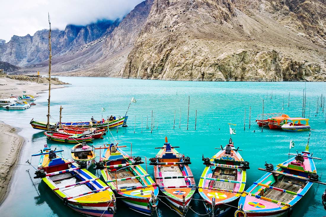 Colourful boats in Attabad Lake, Hunza Valley, Pakistan