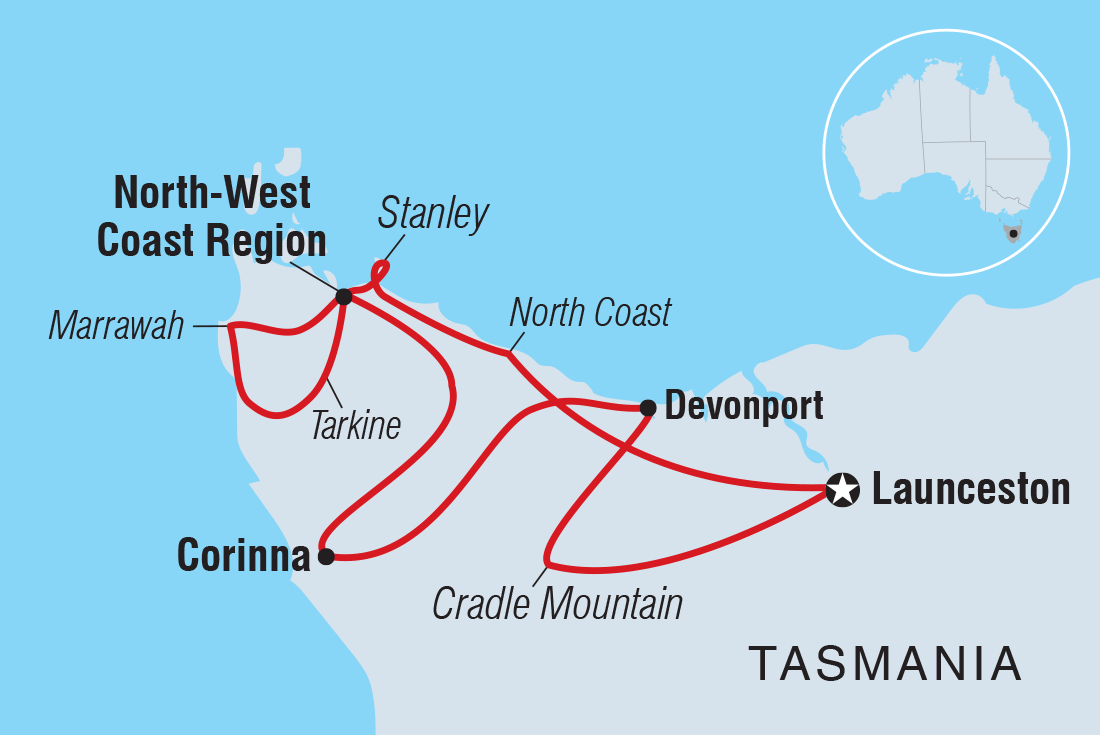Map of Tasmania's Tarkine & Cradle Mountain Explorer including Australia