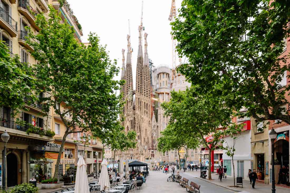 Sagrada Familia view from the street, Barcelona, Spain