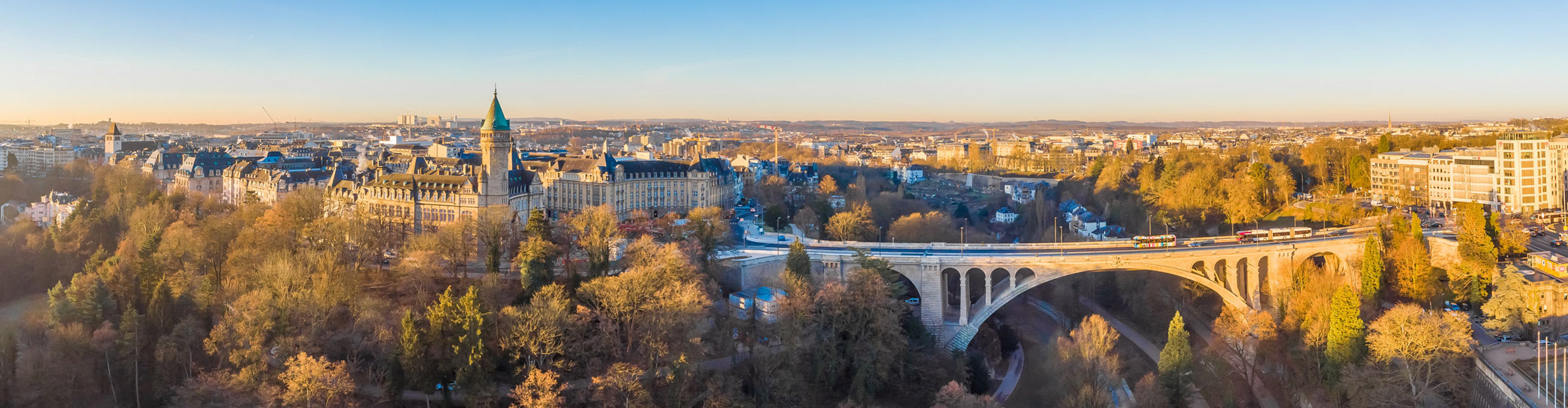 Aerial view of Luxembourg on a on a sunny winter's morning with a cloudless sky 