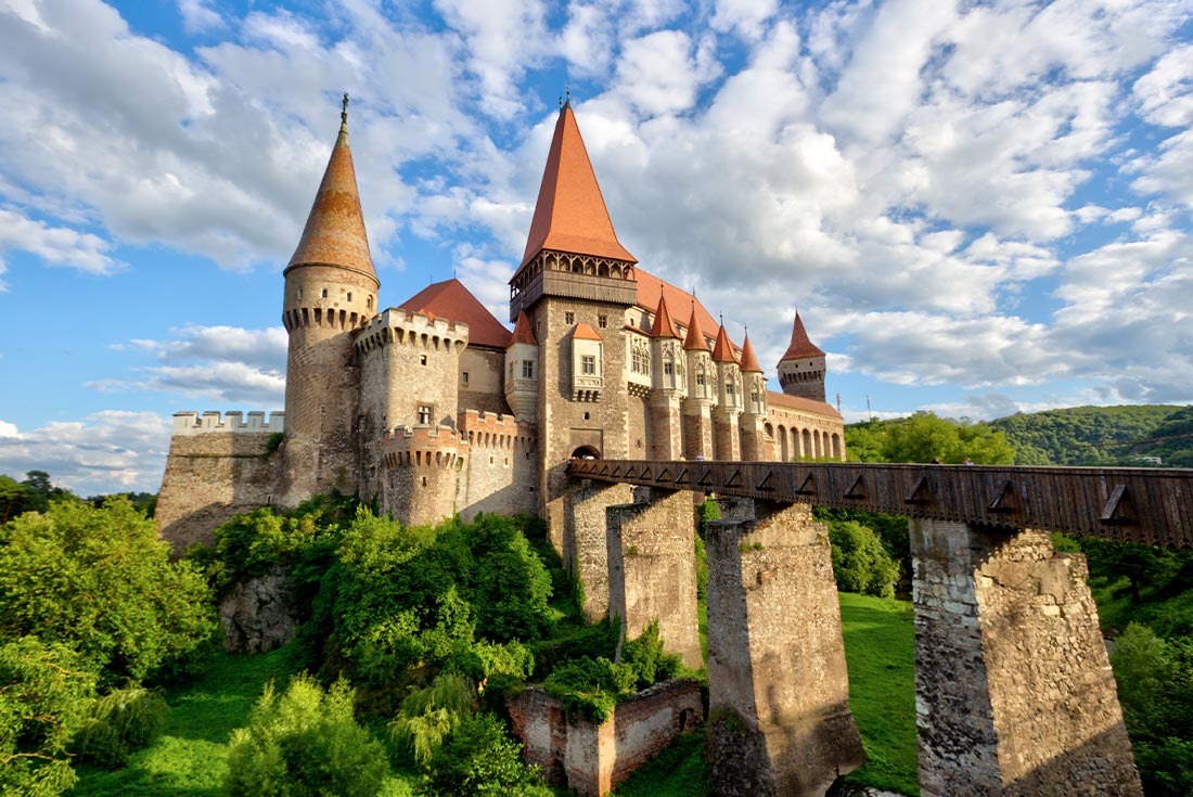 The view of Corvins Castle in Hunedoara, Romania