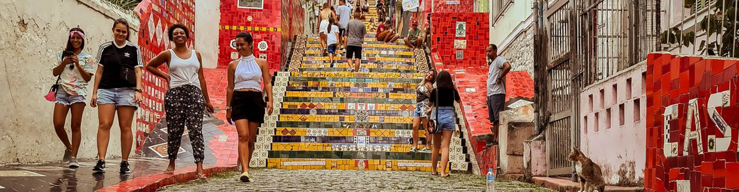 Group of travellers at Santa Teresa steps in Rio, Brazil 