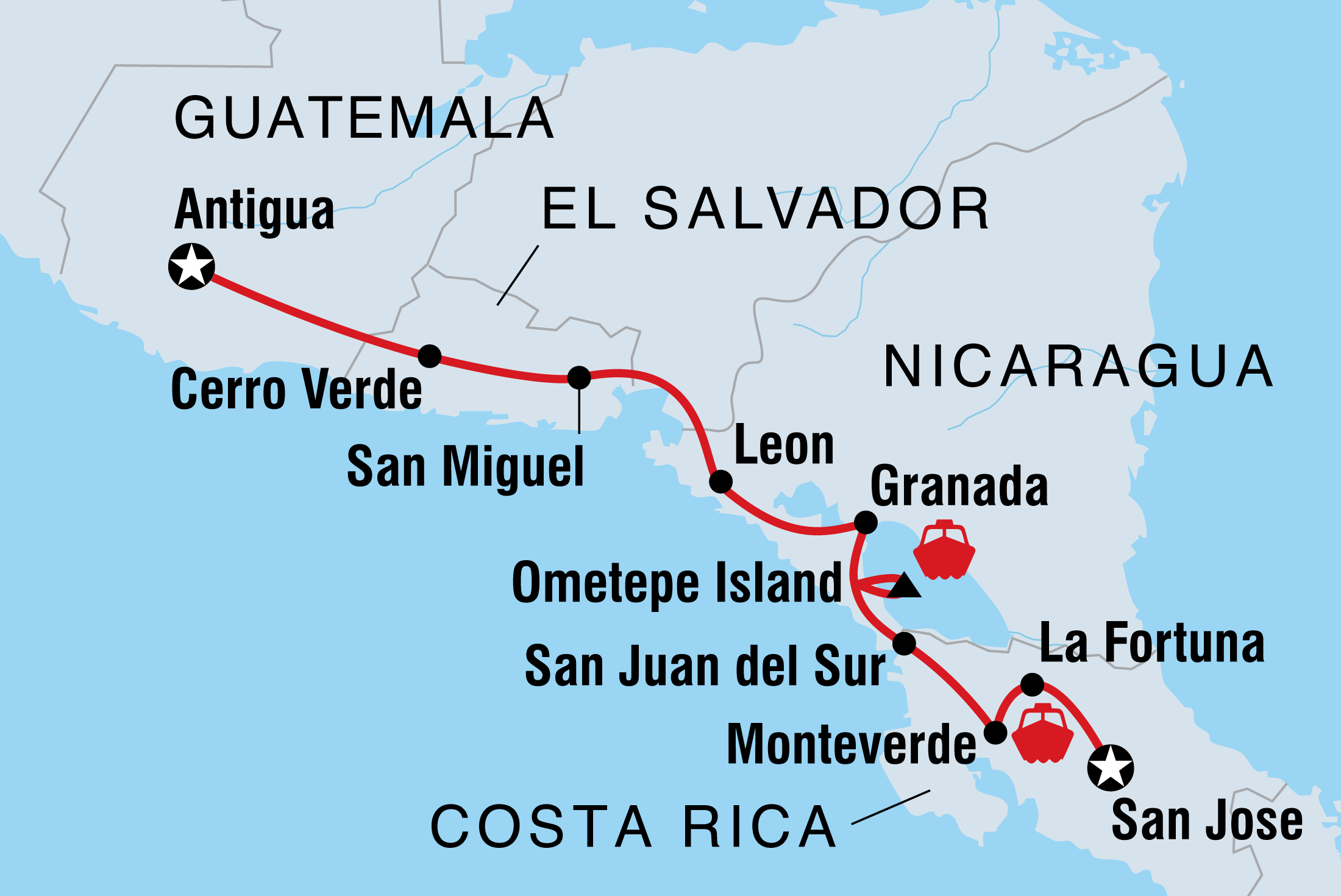 Map of Real Guatemala To Costa Rica including Costa Rica, El Salvador, Guatemala and Nicaragua