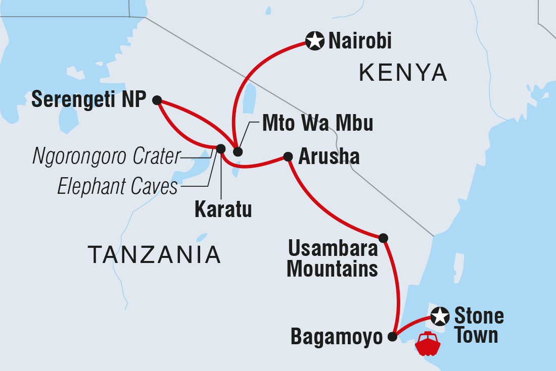 Map of Stone Town To Nairobi including Kenya and Tanzania, United Republic Of