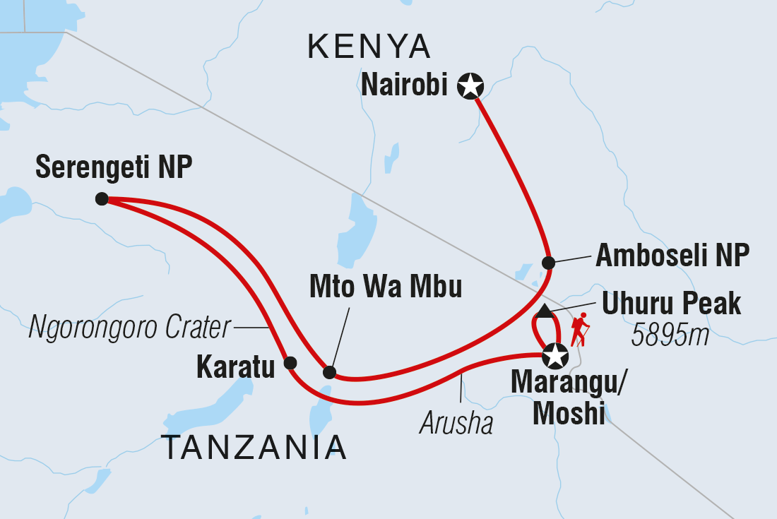 Map of Safari To Kilimanjaro - Machame Route including Kenya and Tanzania, United Republic Of