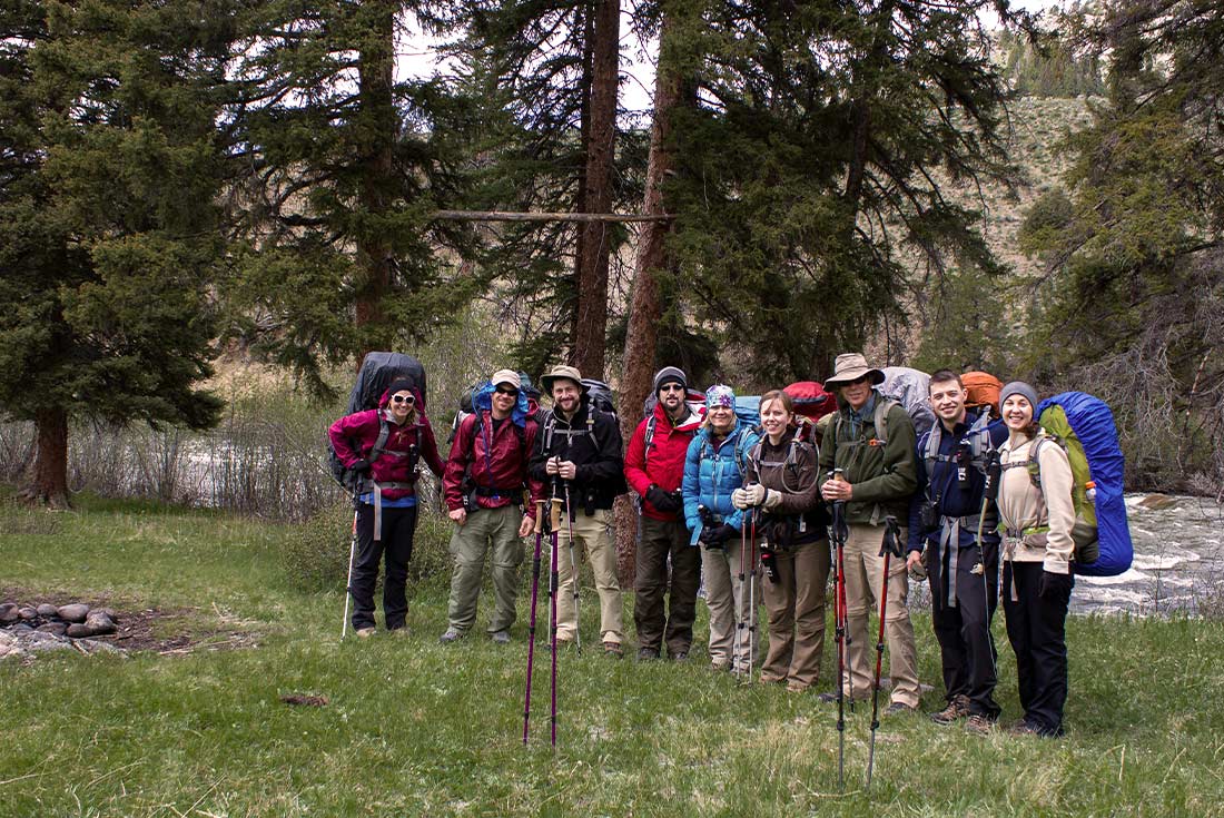 Tour group photo op, trekking in Yellowstone NP, USA