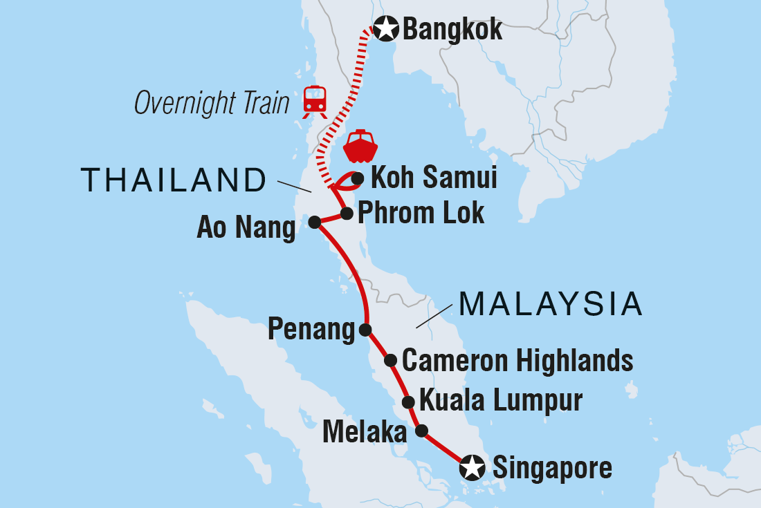 Map of Real Bangkok To Singapore including Malaysia, Singapore and Thailand
