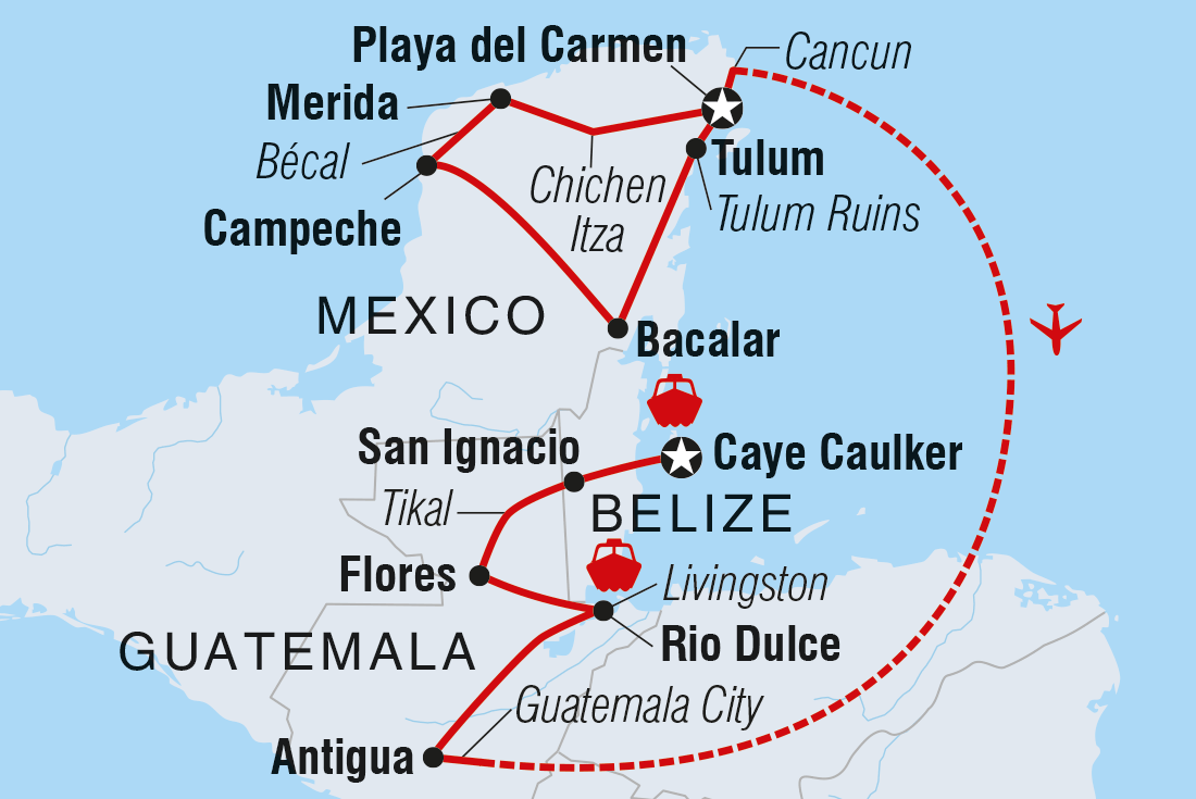 Map of Yucatan, Guatemala And Belize Adventure including Belize, Guatemala and Mexico