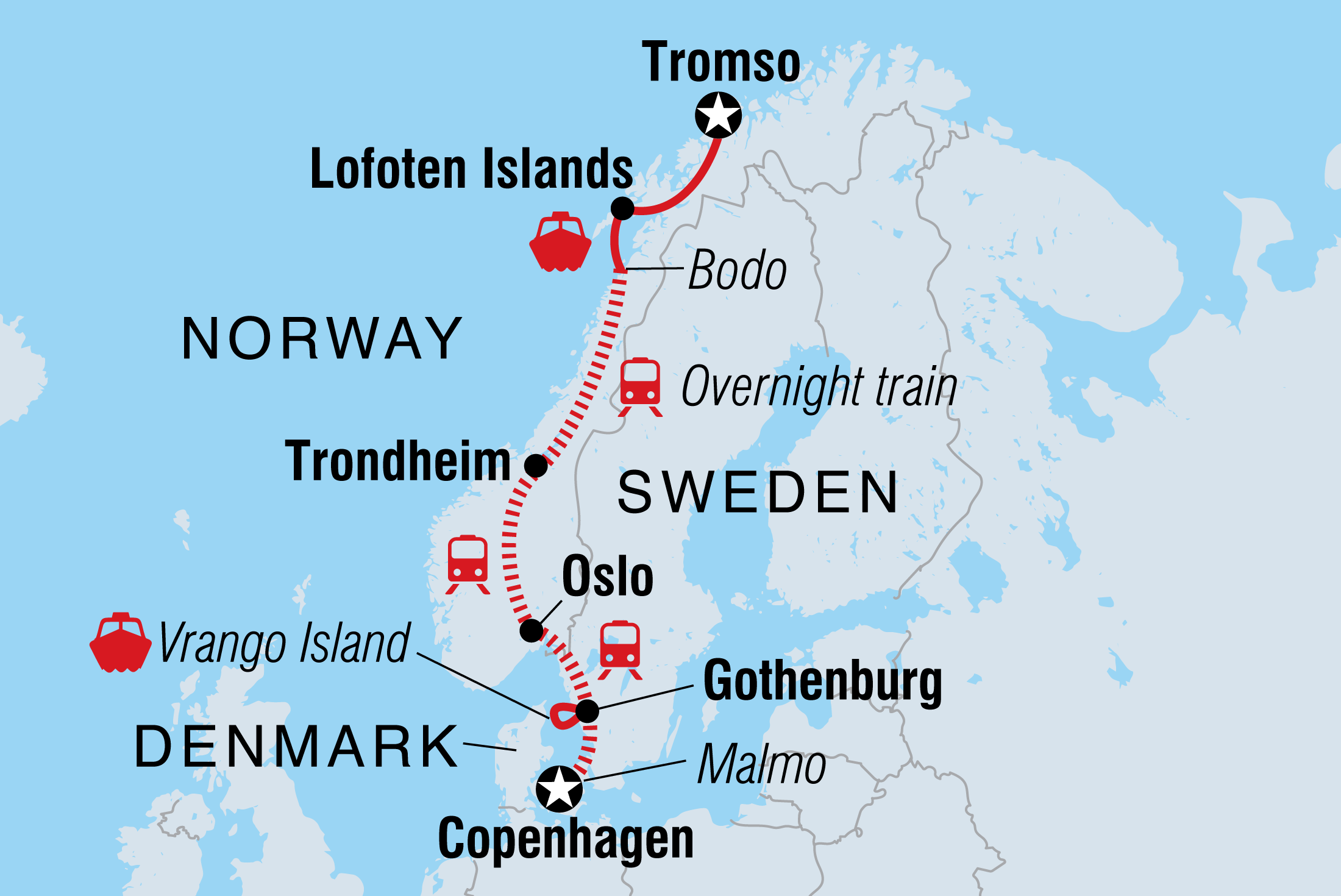 Map of Copenhagen To Northern Norway including Denmark, Norway and Sweden