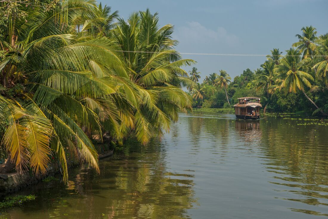 Houseboat floats down the kerala backwaters with palms surrounding the river