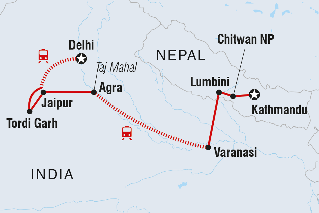 Map of Real Delhi To Kathmandu including India and Nepal