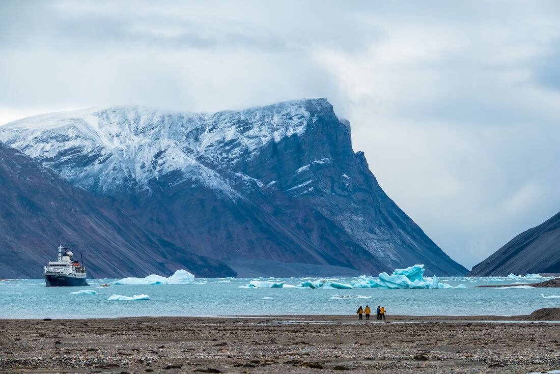 Travellers on shore looking out at icebergs