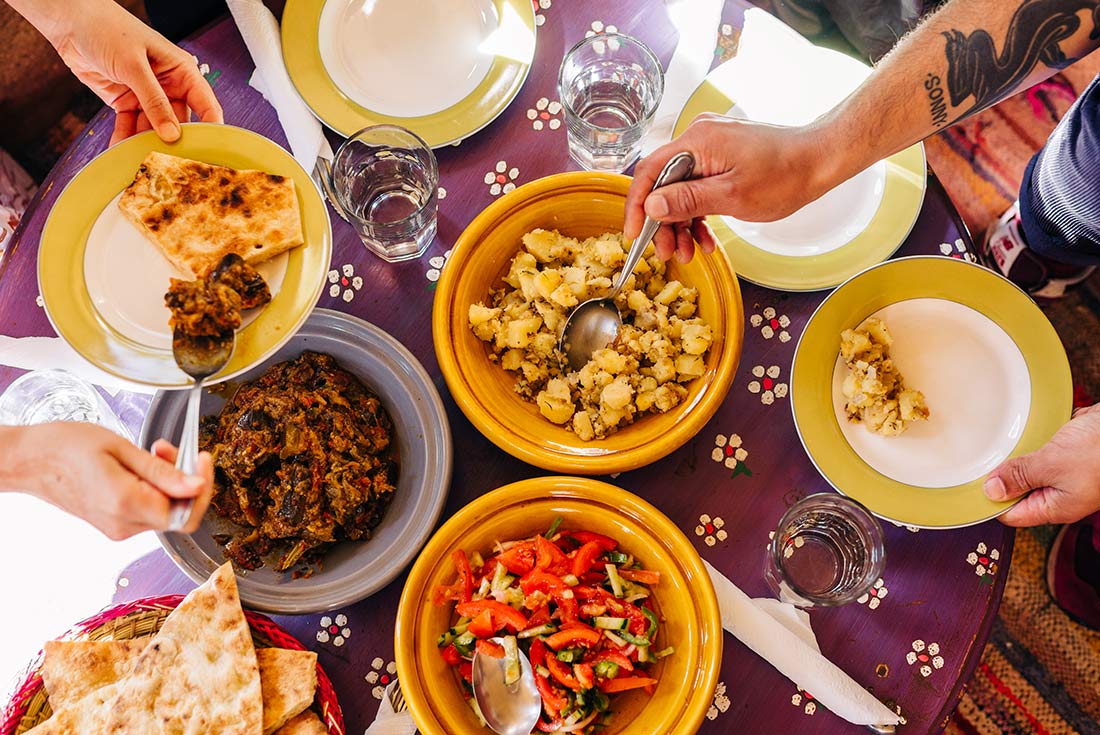 Spread of colourful dishes and delicious food in Morocco