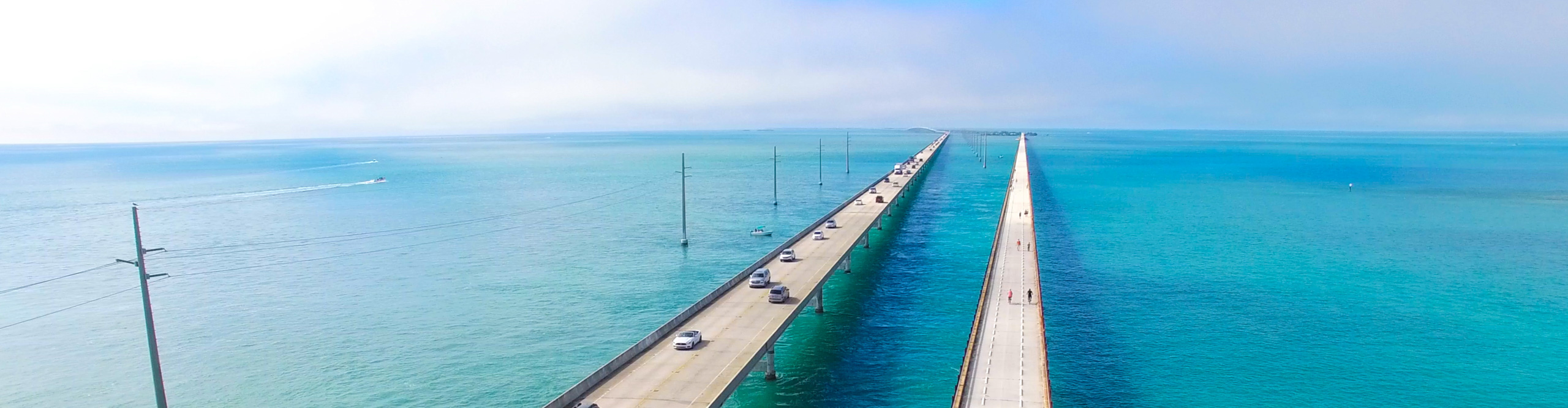 Aerial view of Seven Miles bridge. Florida Keys on sunny day, with crystal clear waters
