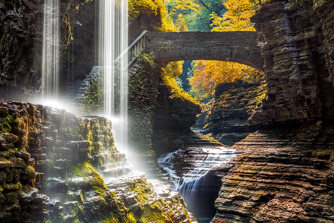 Watkins Glen State Park waterfall canyon in Finger Lakes, New York, USA