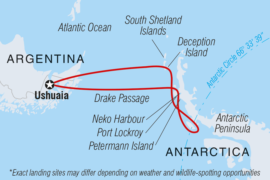 Map of Journey To The Antarctic Circle (Ocean Endeavour) including Antarctica and Argentina