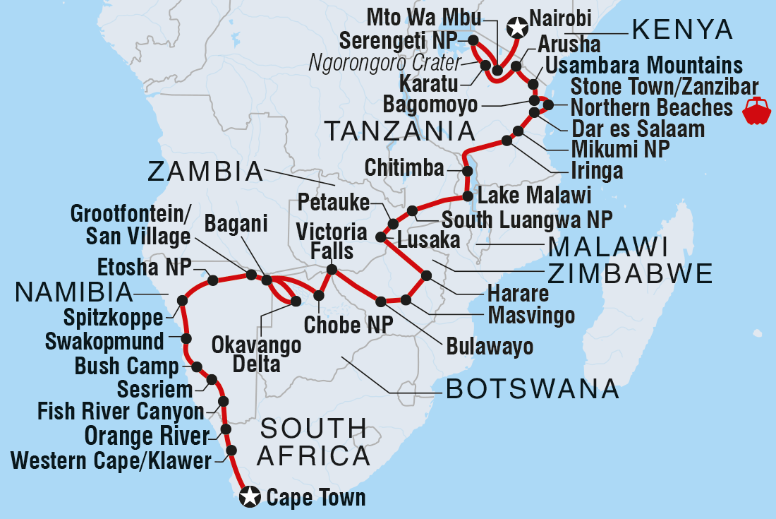 Map of Cape Town To Kenya including Botswana, Kenya, Malawi, Namibia, South Africa, Tanzania, United Republic Of, Zambia and Zimbabwe