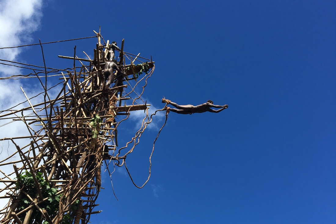 Man dives from a carefully constructed tower of wood bound by a rope in Vanuatu