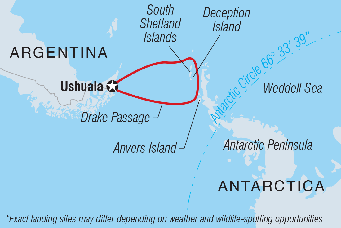 Map of Best Of Antarctica: Whale Discovery (Ocean Endeavour) including Antarctica and Argentina
