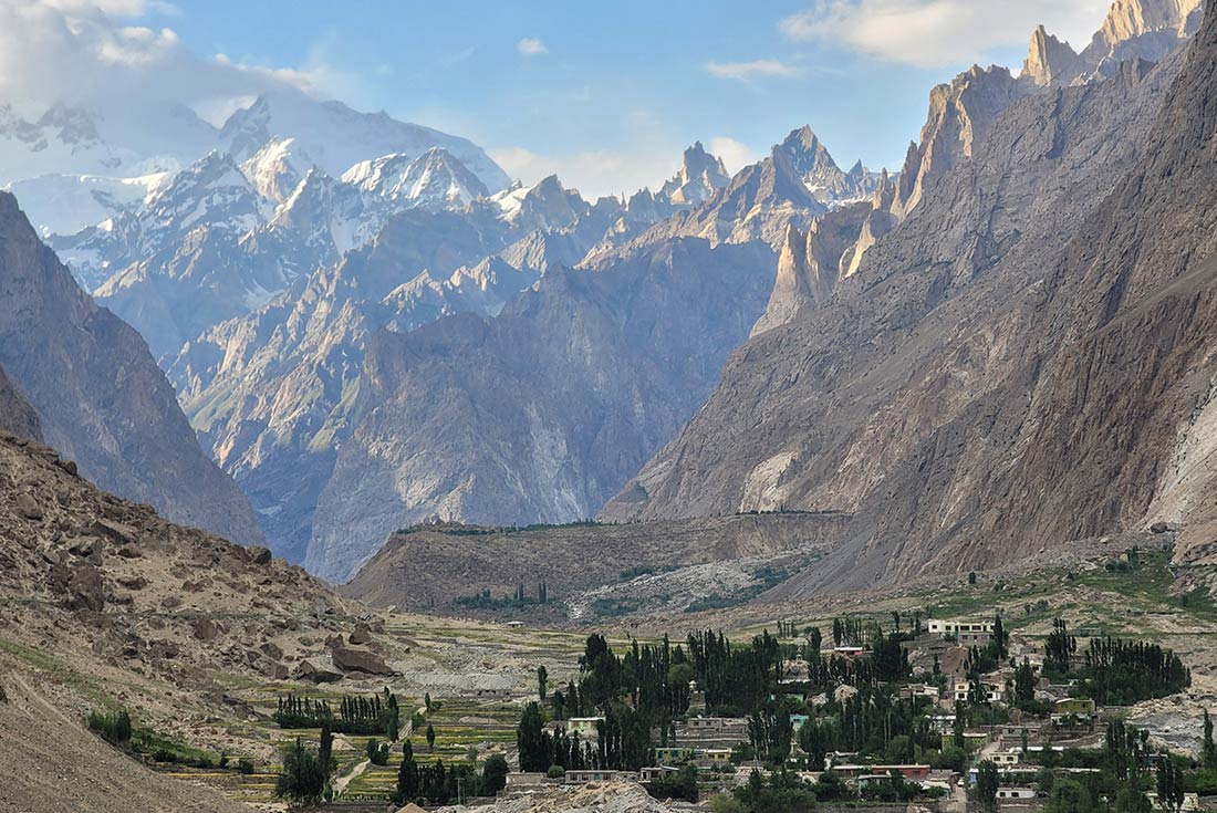 View of mountainside village and peaks in Khaplu, Pakistan