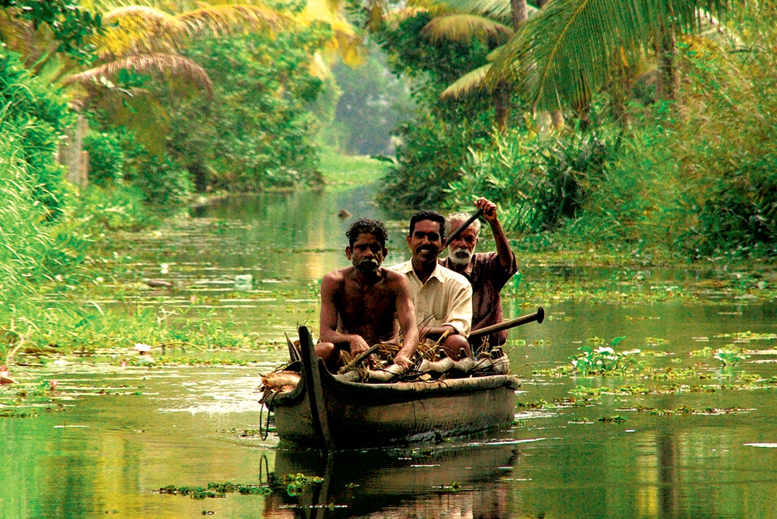 Local men rowing in the backwaters of Kerala, India