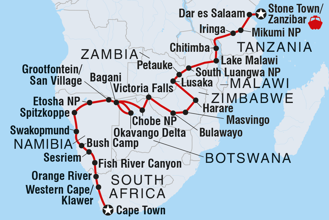 Map of Cape Town To Zanzibar including Botswana, Malawi, Namibia, South Africa, Tanzania, United Republic Of, Zambia and Zimbabwe