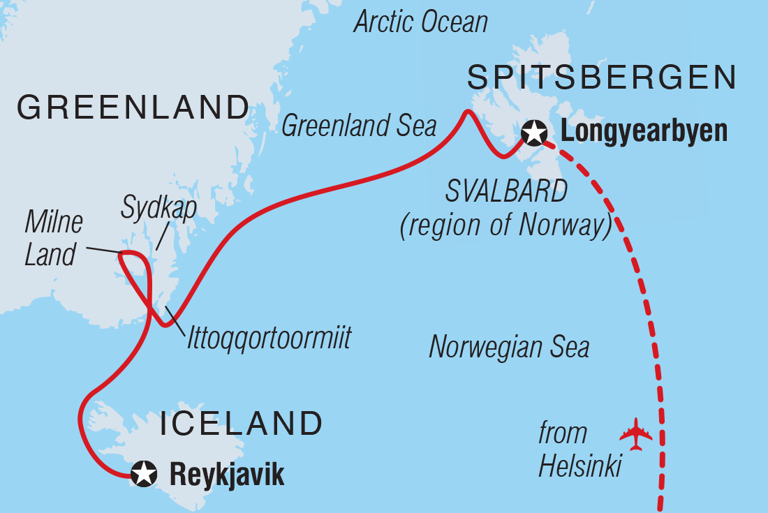 Map of Spitsbergen, East Greenland And Iceland - Southbound including Finland, Greenland, Iceland and Norway