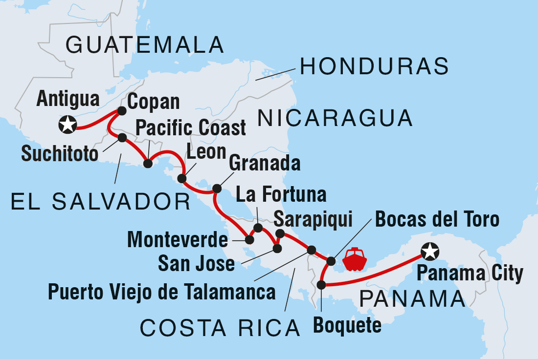 Map of Amazing Central America including Costa Rica, El Salvador, Guatemala, Honduras, Nicaragua and Panama