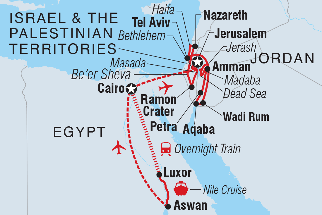 Map of Classic Egypt, Jordan, Israel & The Palestinian Territories including Egypt, Israel and Jordan