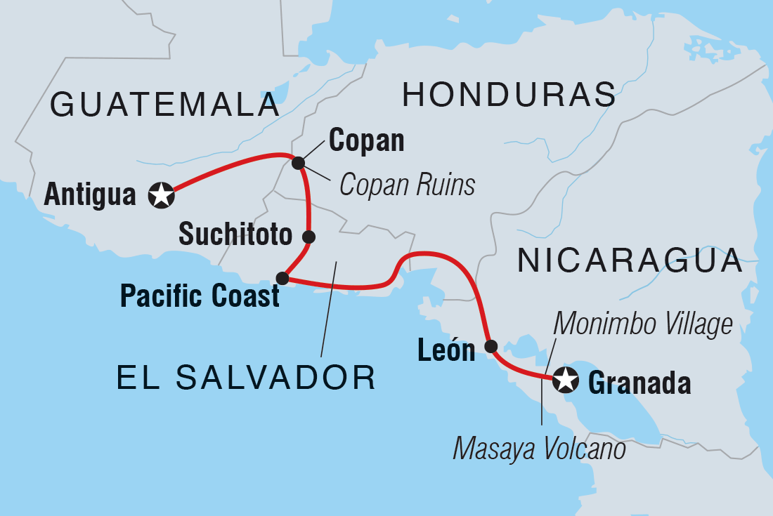 Map of Nicaragua & Beyond including El Salvador, Guatemala, Honduras and Nicaragua