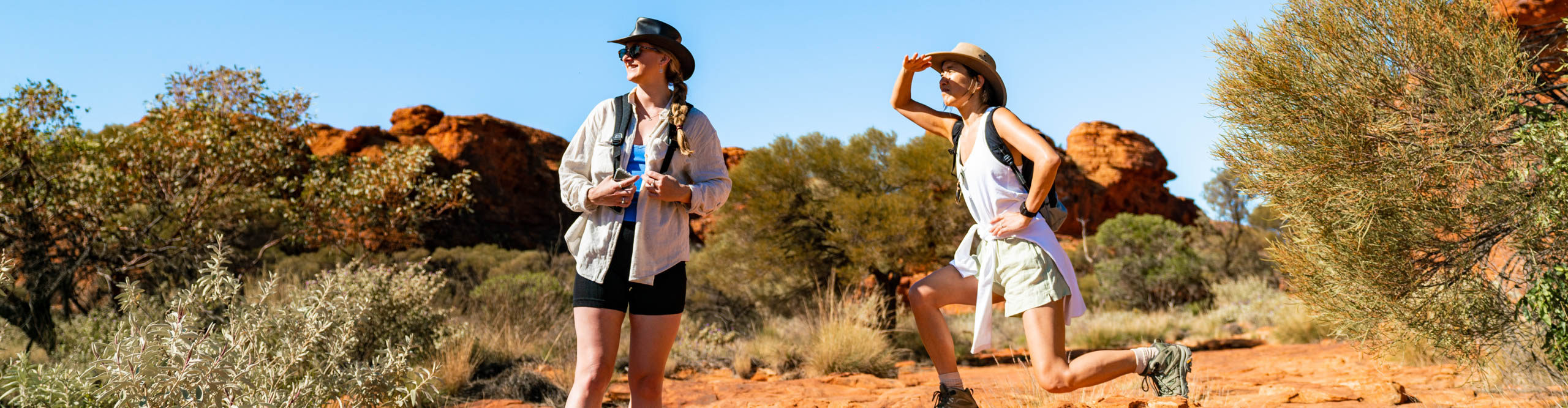 Hikers looking at the view on a clear sunny day in Kings Canyon, in the Red Centre of Australia