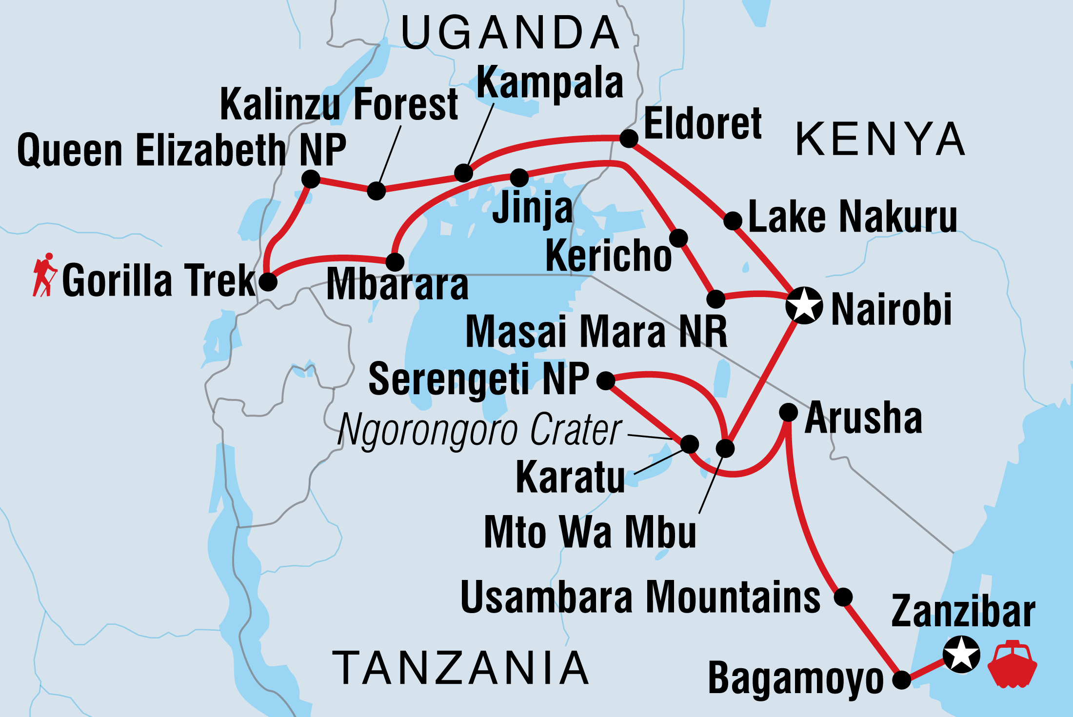 Map of Beaches, Game Parks & Gorillas including Kenya, Tanzania, United Republic Of and Uganda