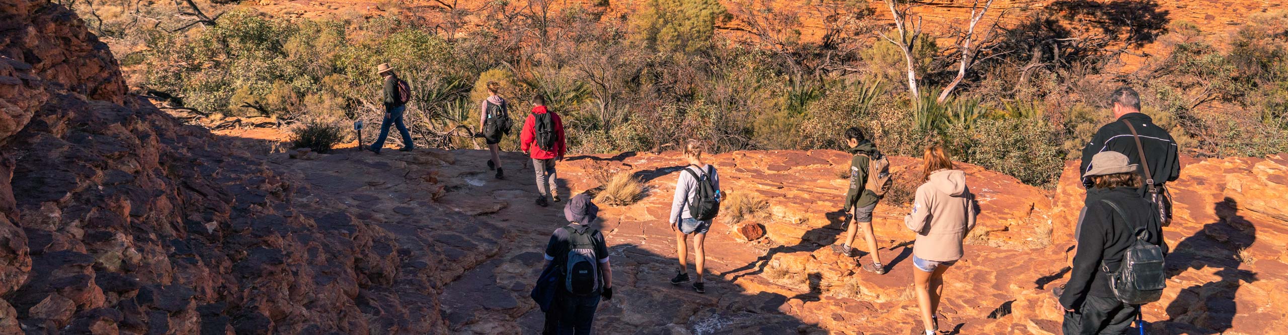 Group hiking in the Kings Canyon on a sunny day, in the Northern Territory, Australia 