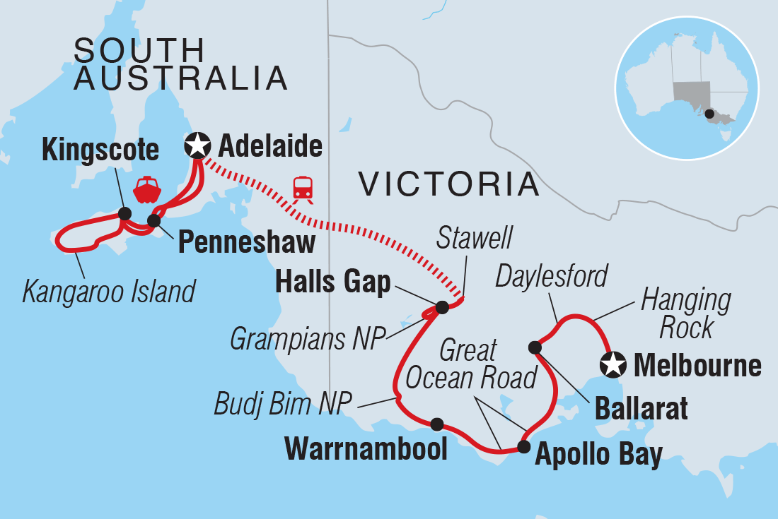 Map of Melbourne To Kangaroo Island Adventure including Australia