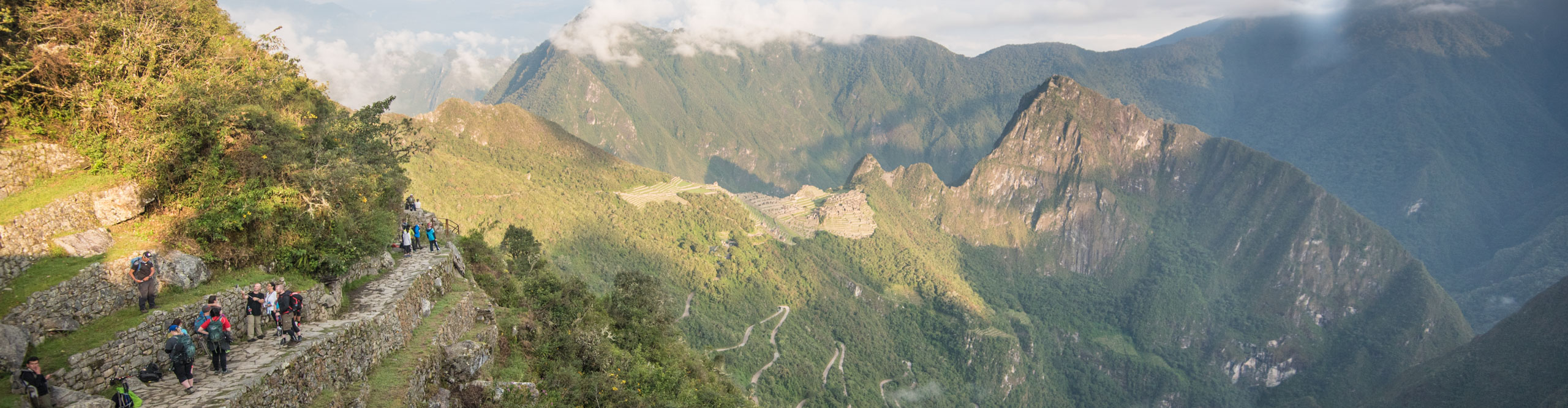 Aerial view of the trail leading to Machu Picchu, with clouds not top of the mountains, Peru
