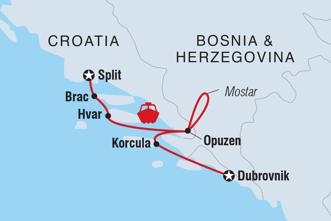Map of Croatian Coastal Cruising - Split To Dubrovnik (Aurora) including Bosnia And Herzegovina and Croatia