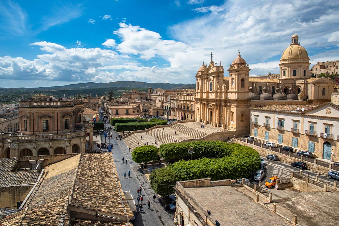 Old town architecture and cathedral of Noto, Italy