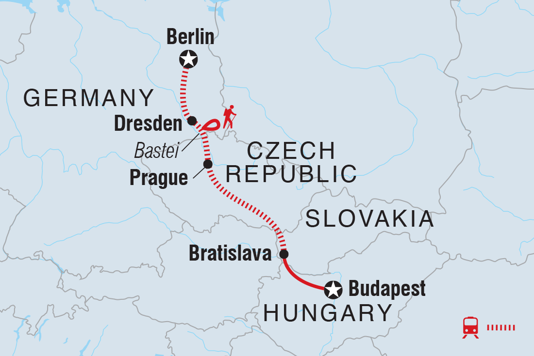 Map of Berlin To Budapest including Czech Republic, Germany, Hungary and Slovakia