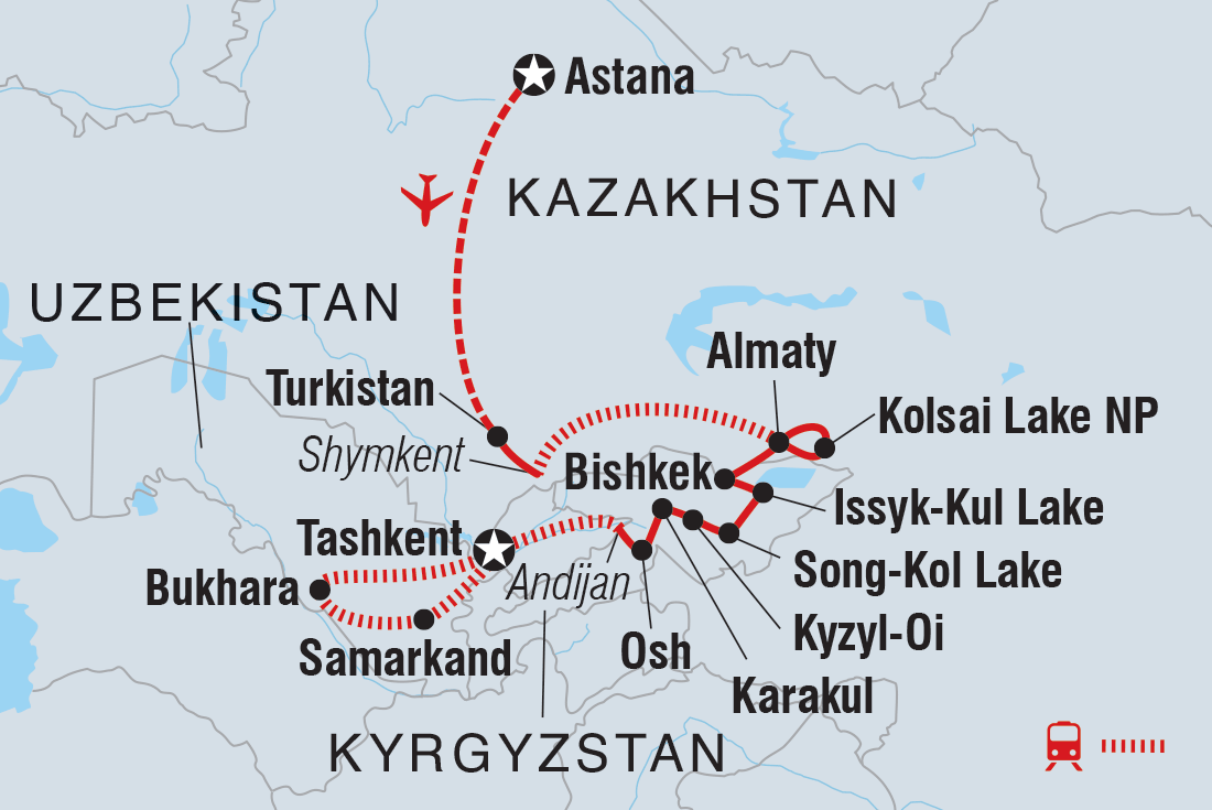 Map of Astana To Tashkent including Kazakhstan, Kyrgyzstan and Uzbekistan