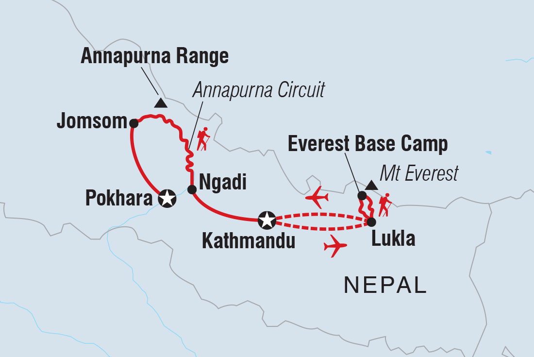 Map of Everest Base Camp & Annapurna Circuit Trek including Nepal