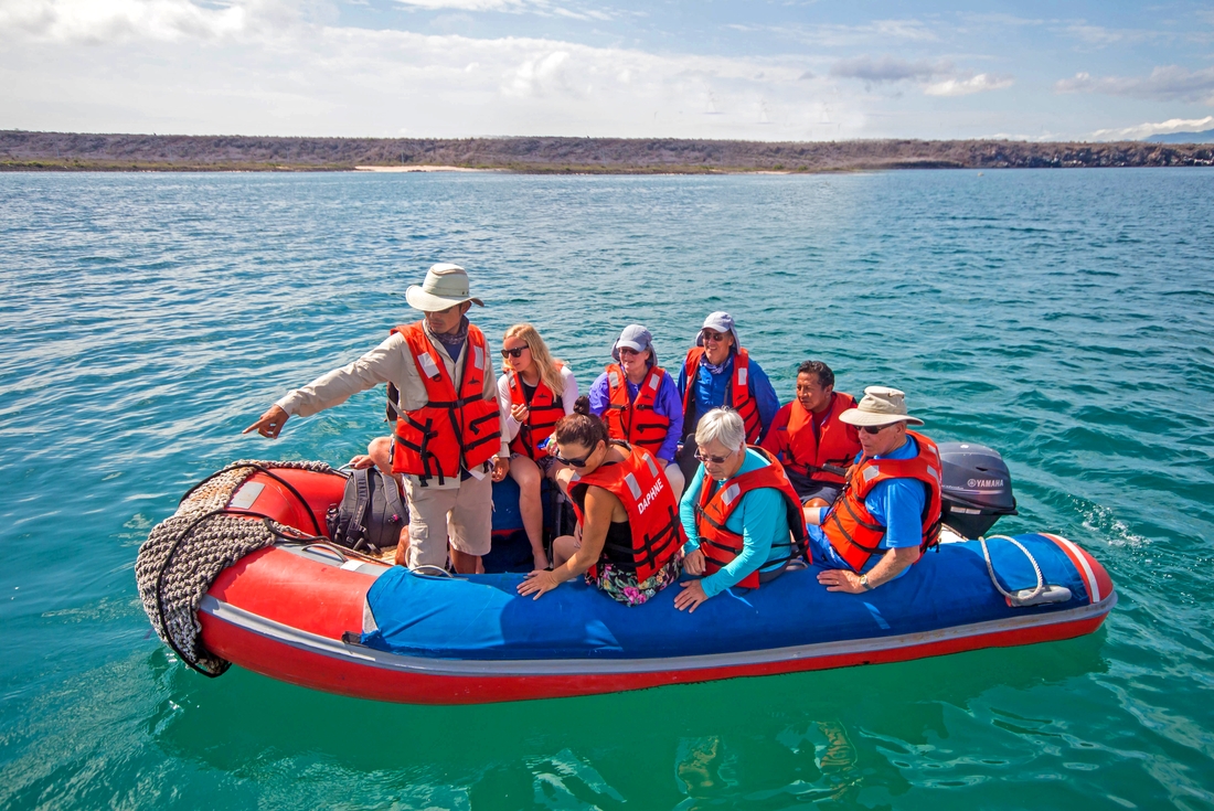 Passengers and guide on a dinghy, Galapagos Islands, Ecuador