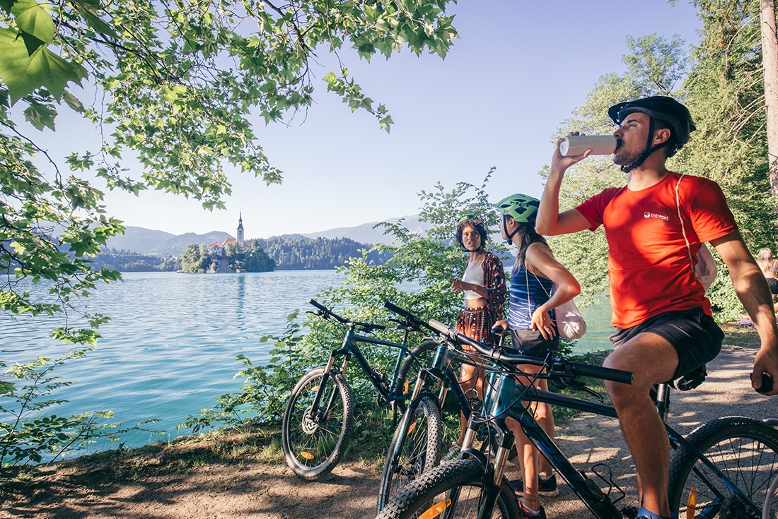Group taking a break whilst riding around Lake Bled, Slovenia