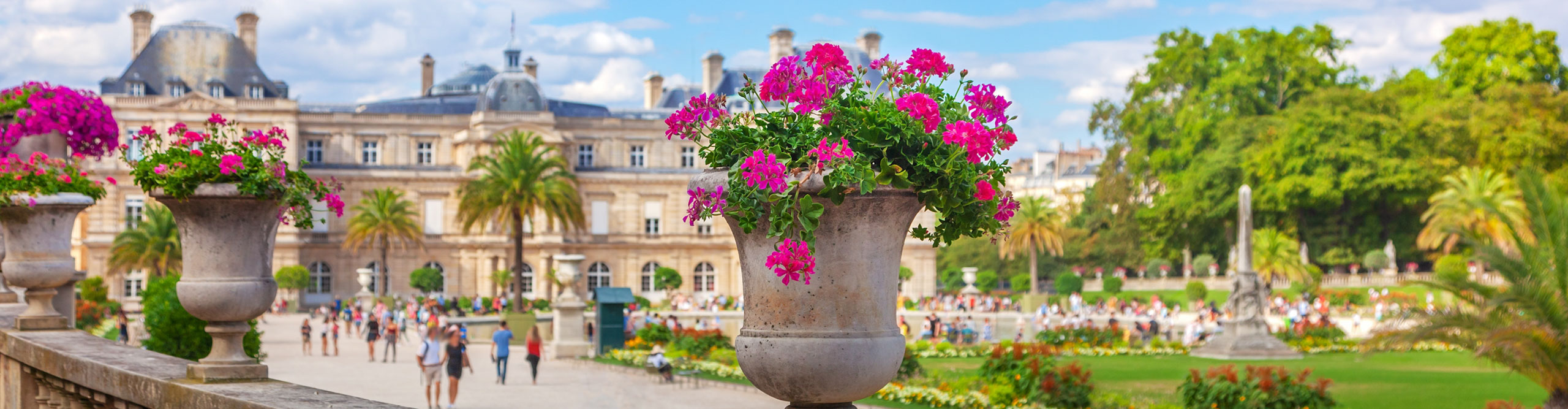 Flowers in the gardens of the Luxembourg Palace on a sunny day 
