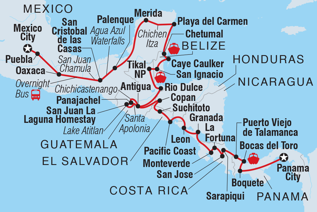 Map of Ultimate Central America including Belize, Costa Rica, El Salvador, Guatemala, Honduras, Mexico, Nicaragua and Panama