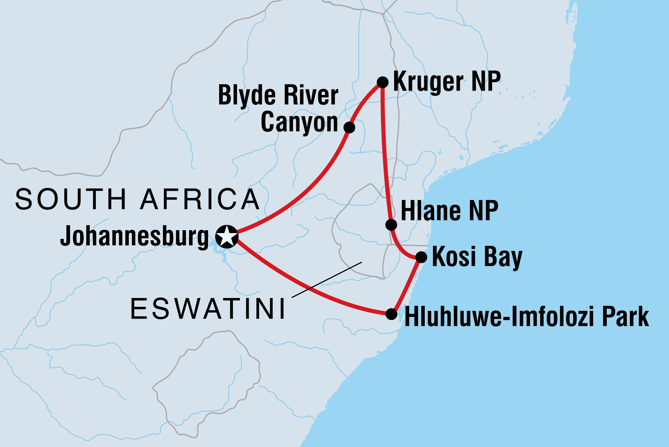 Map of South Africa Family Safari With Teenagers including South Africa and Swaziland